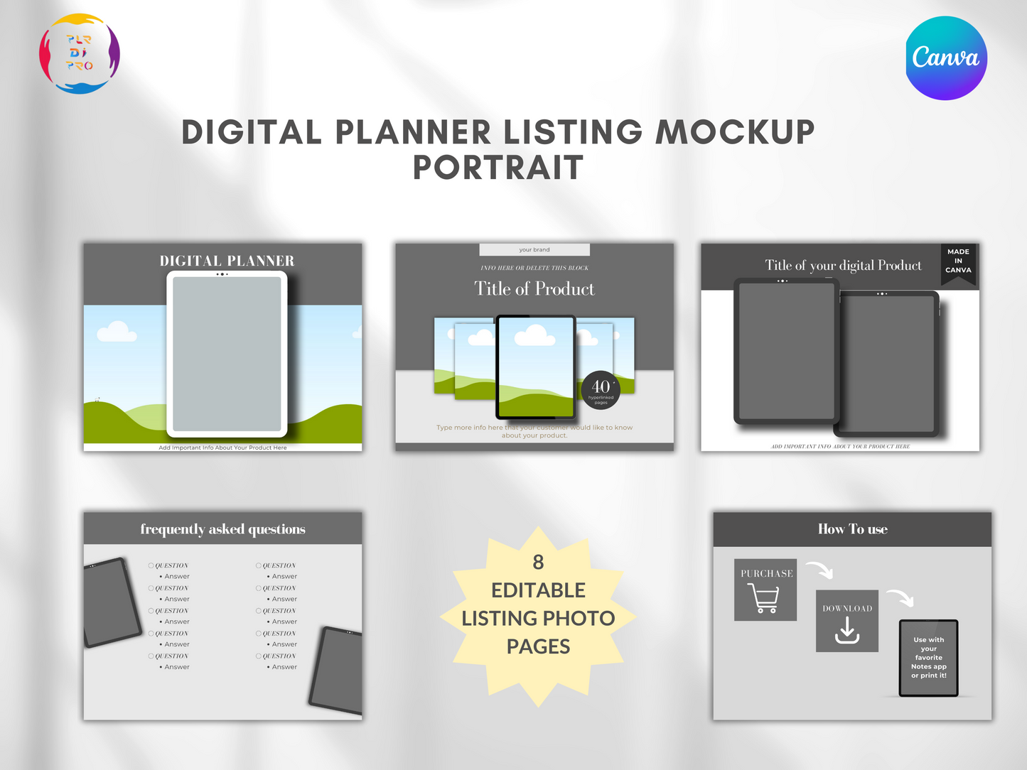 Etsy Shop Digital Planner Portrait Listing Photos Mockup: Canva Template